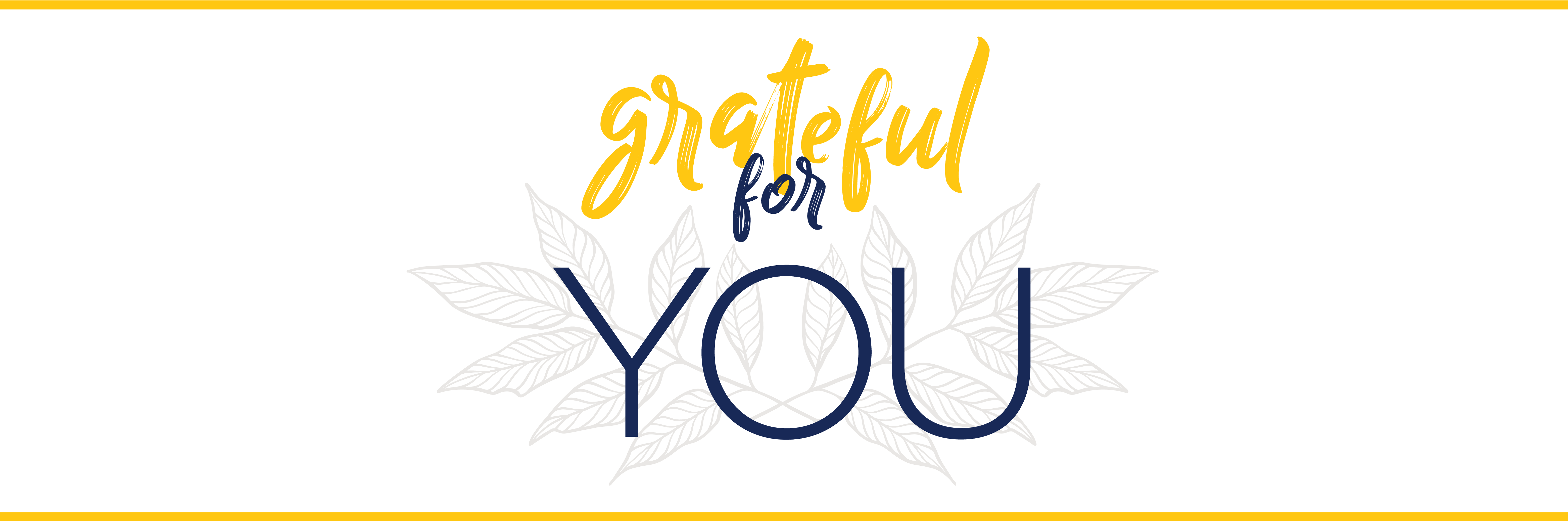 two gold bars, white background and words 'grateful for you' over two tree branches