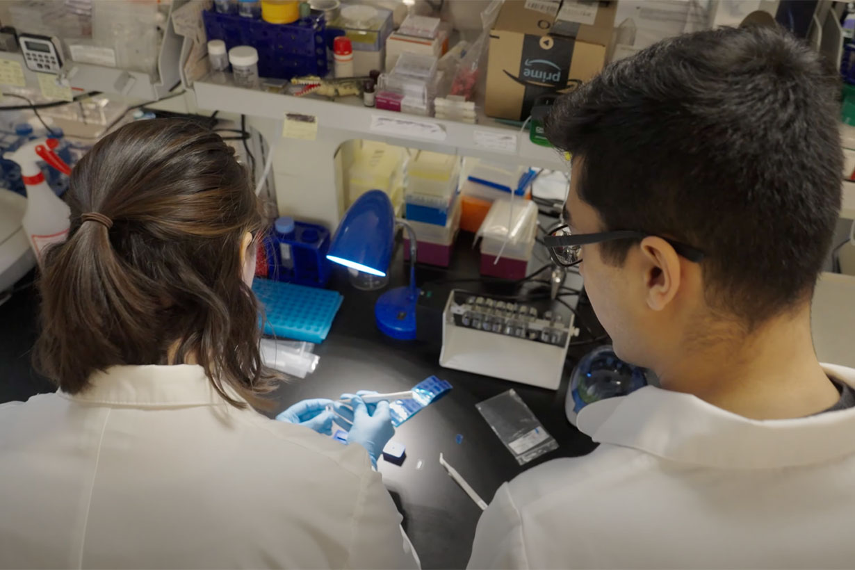 behind a man and woman in a lab conducting research