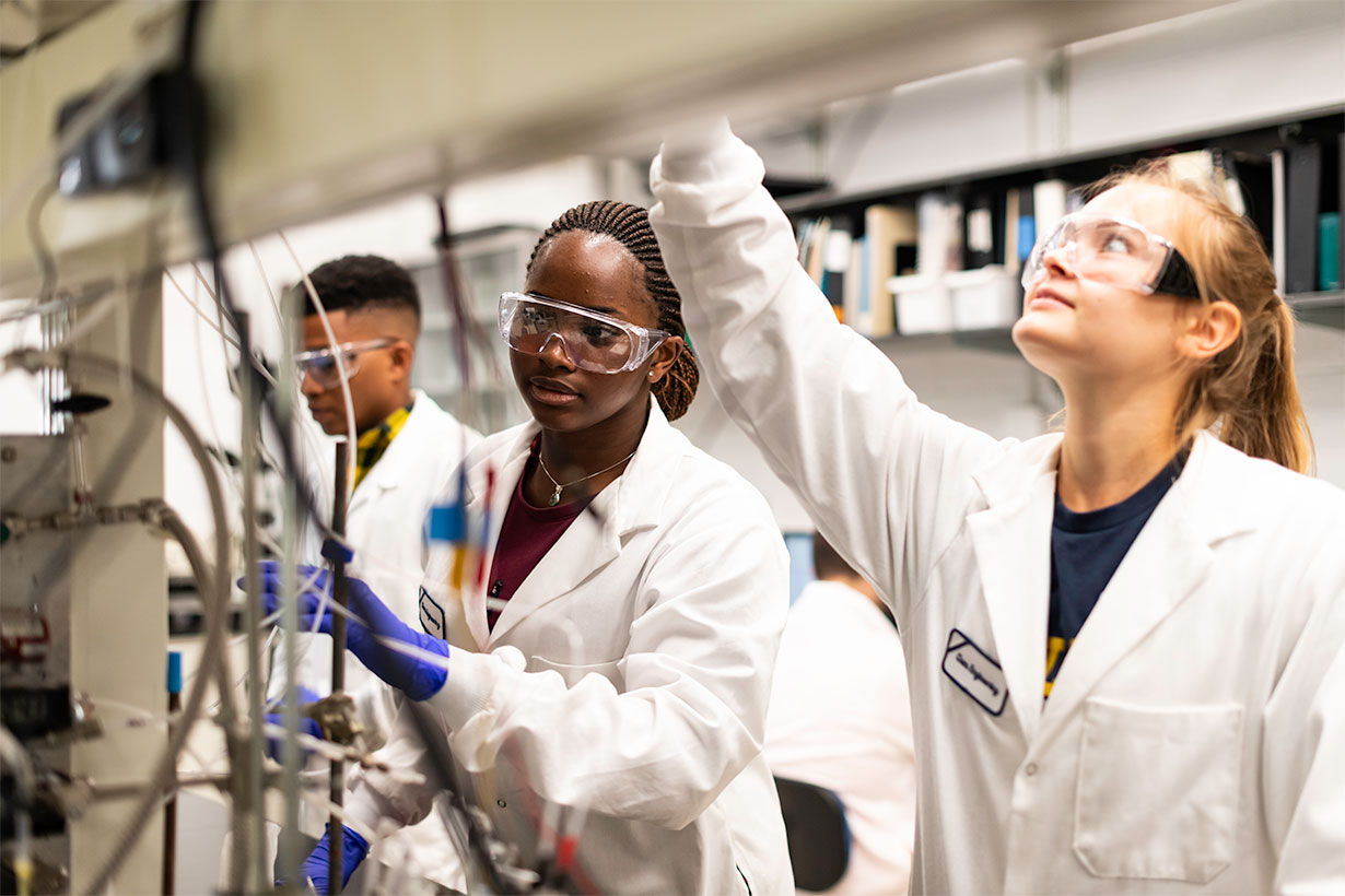 several researchers in white lab coats conducting research