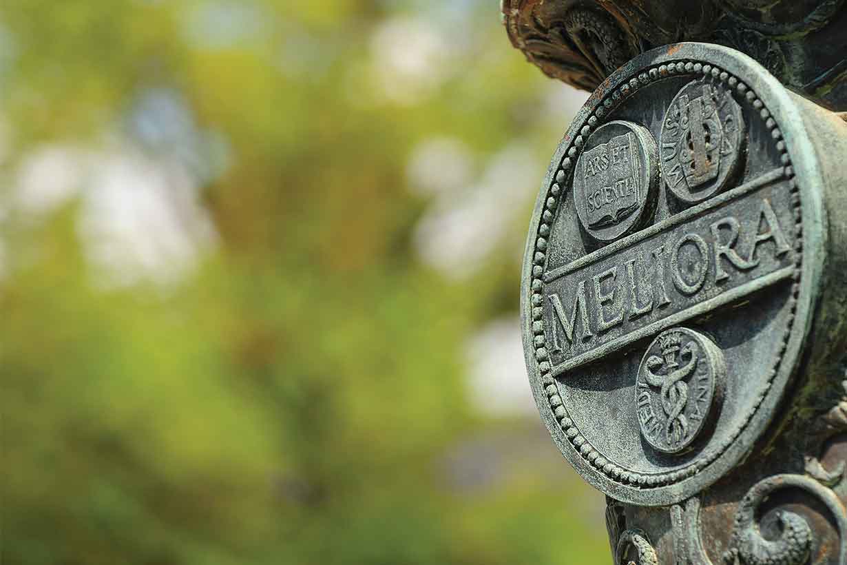 Meliora flagpole with meliora shield carved into amongst a blurry green background